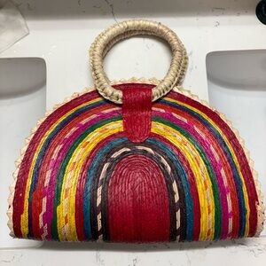 Free People Multicolor Handwoven Straw Clutch with Natural Handles